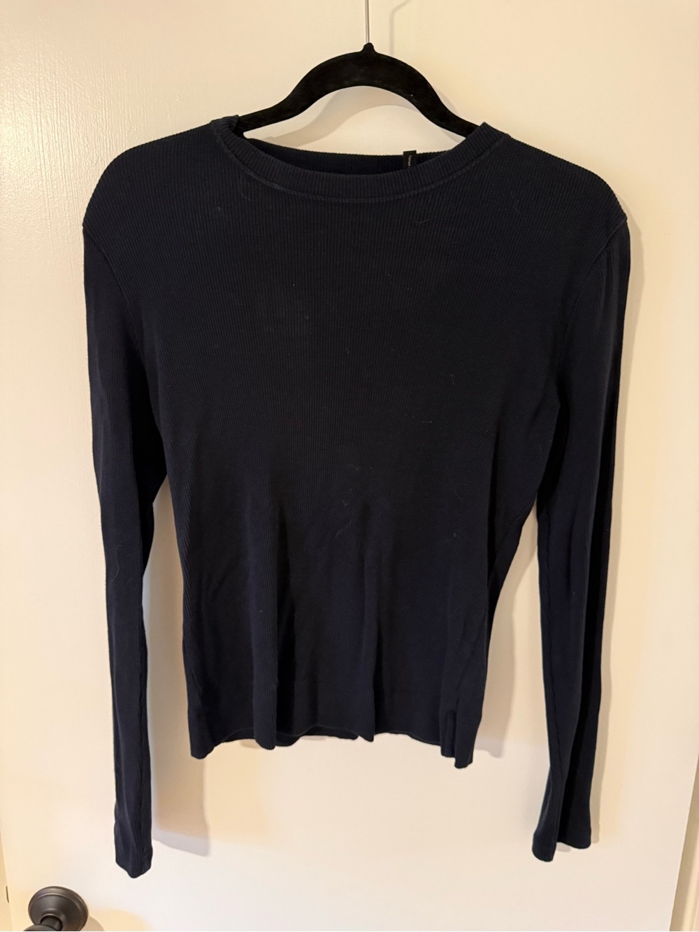 Theory Navy Ribbed Long Sleeve Crewneck Top